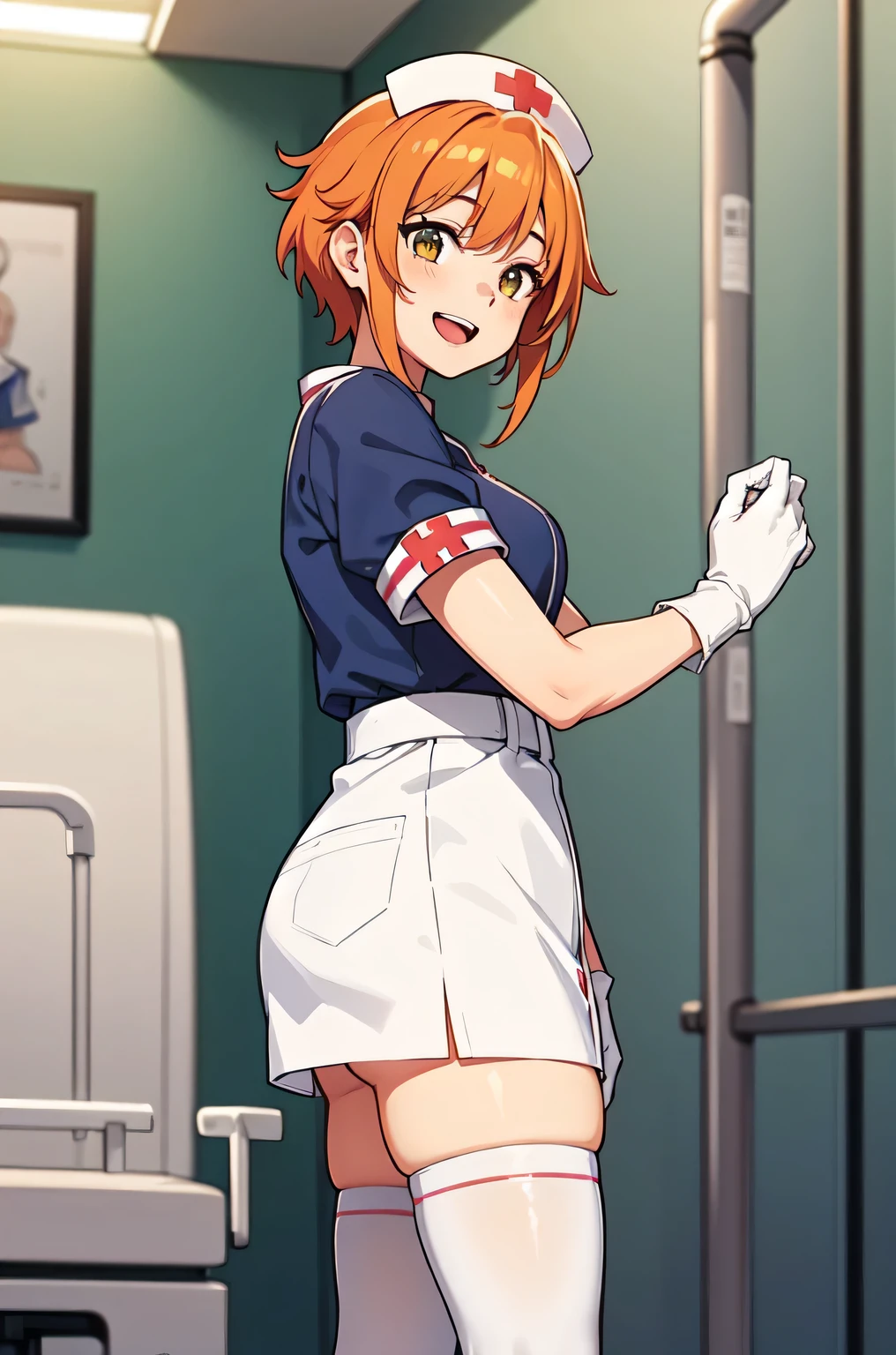 1girl, solo, nurse, nurse cap, white nurse uniform, ((white legwear, zettai ryouiki)), white gloves, very short hair, orange hair, smile, open mouth, standing, ((hospital room)), sharp outline, short sleeves, tomboy, boyish, best quality, masterpiece