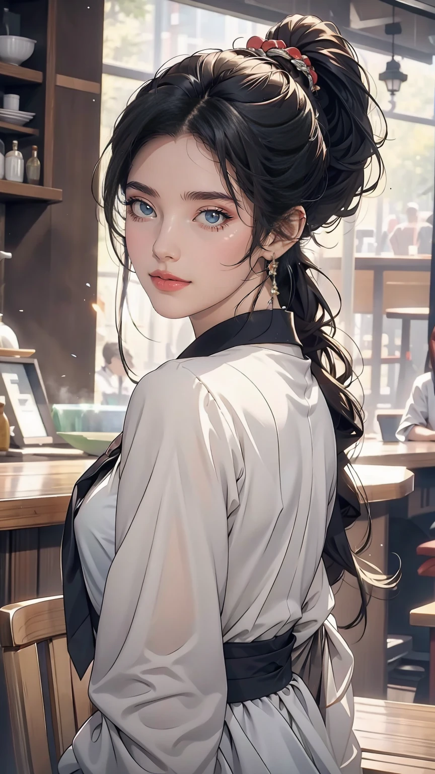 girl, Black Hair, sister, Tie your hair into a ponytail、Smile at the speaker, High-quality images, masterpiece, beautiful girl, Cafe,