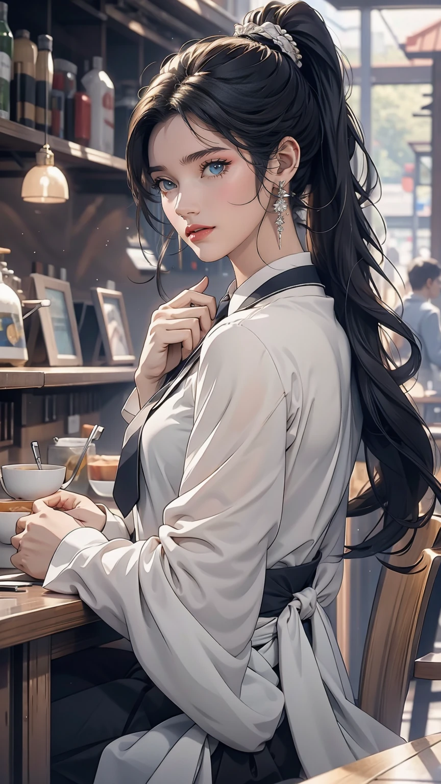 girl, Black Hair, sister, Tie your hair into a ponytail、Smile at the speaker, High-quality images, masterpiece, beautiful girl, Cafe,
