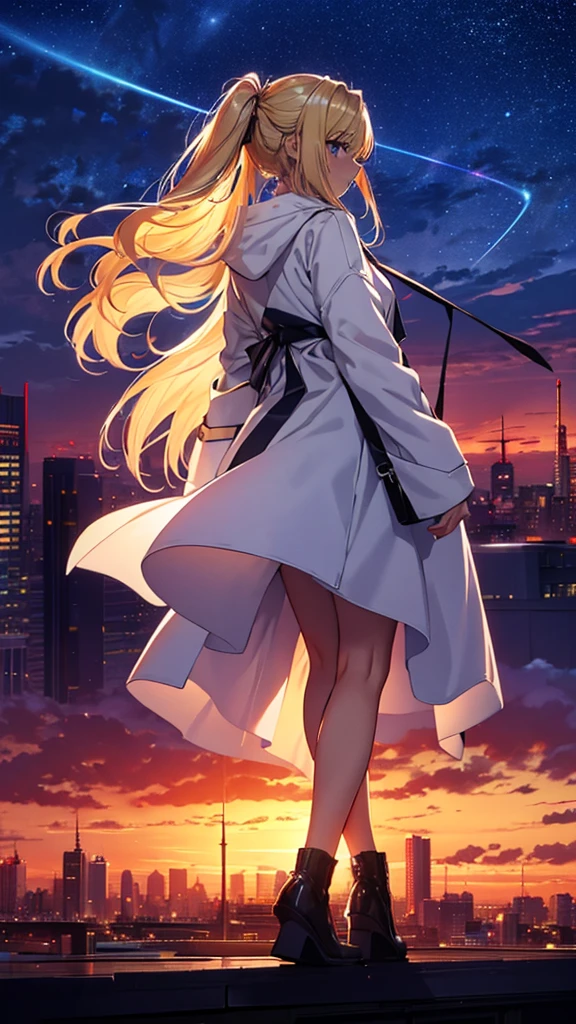 １people々々々々々々々々々々々々,Blonde long-haired woman，White long coat， Dress Silhouette， Rear View，Space Sky, comet, Anime Style, City night view from the rooftop，Countless crosses of light in the city，
