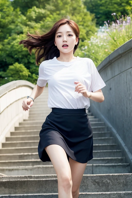 highest quality、masterpiece、High sensitivity、High resolution、One Woman、Station stairs、Running down、panic、mini skirt