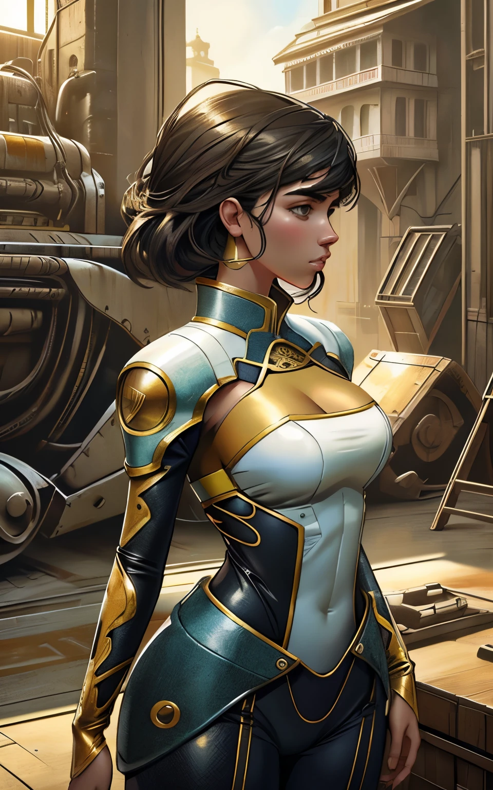 Retrato 8k de lindo (ciborgue) com cabelo rosa, (Dua Lipa) , sci-fi mecha musume jumpsuit, bengalas, intricado, elegante, altamente detalhado, majestoso, Fotografia digital, arte de artgerm e ruan jia e greg rutkowski pintura surreal reflexiva, joia em grampo, vidro quebrado, (Obra de arte, side lighting, lindos olhos finamente detalhados: 1.2), HDR,