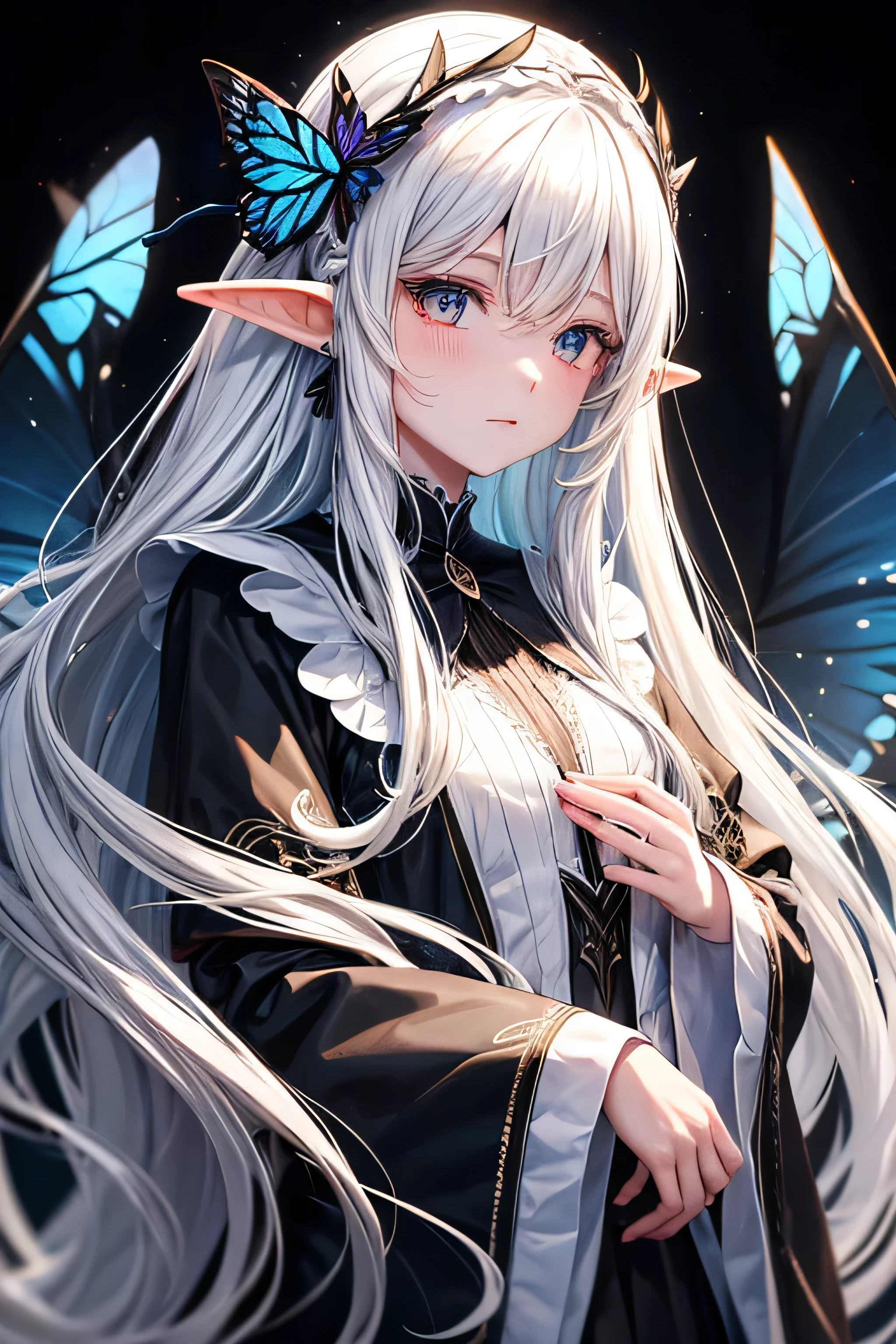 White long hair, butterfly-shaped hair accessories, black dress 180cm, black wings and elf ears