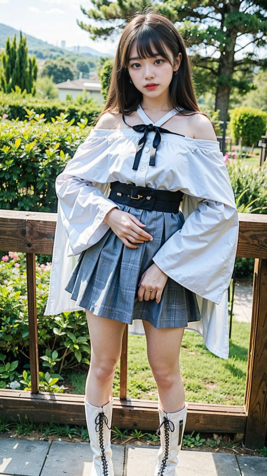 (8k、RAW Photos、highest quality、masterpiece:1.2)、(Realistic、Realistic)、1 girl、((black and white mini skirt、Belly button、Cape、Off the shoulder、Frills、ribbon、See-through、stage、編み上げboots、garden、garter belt、View from the front、boots、Standing with hands on hips))、