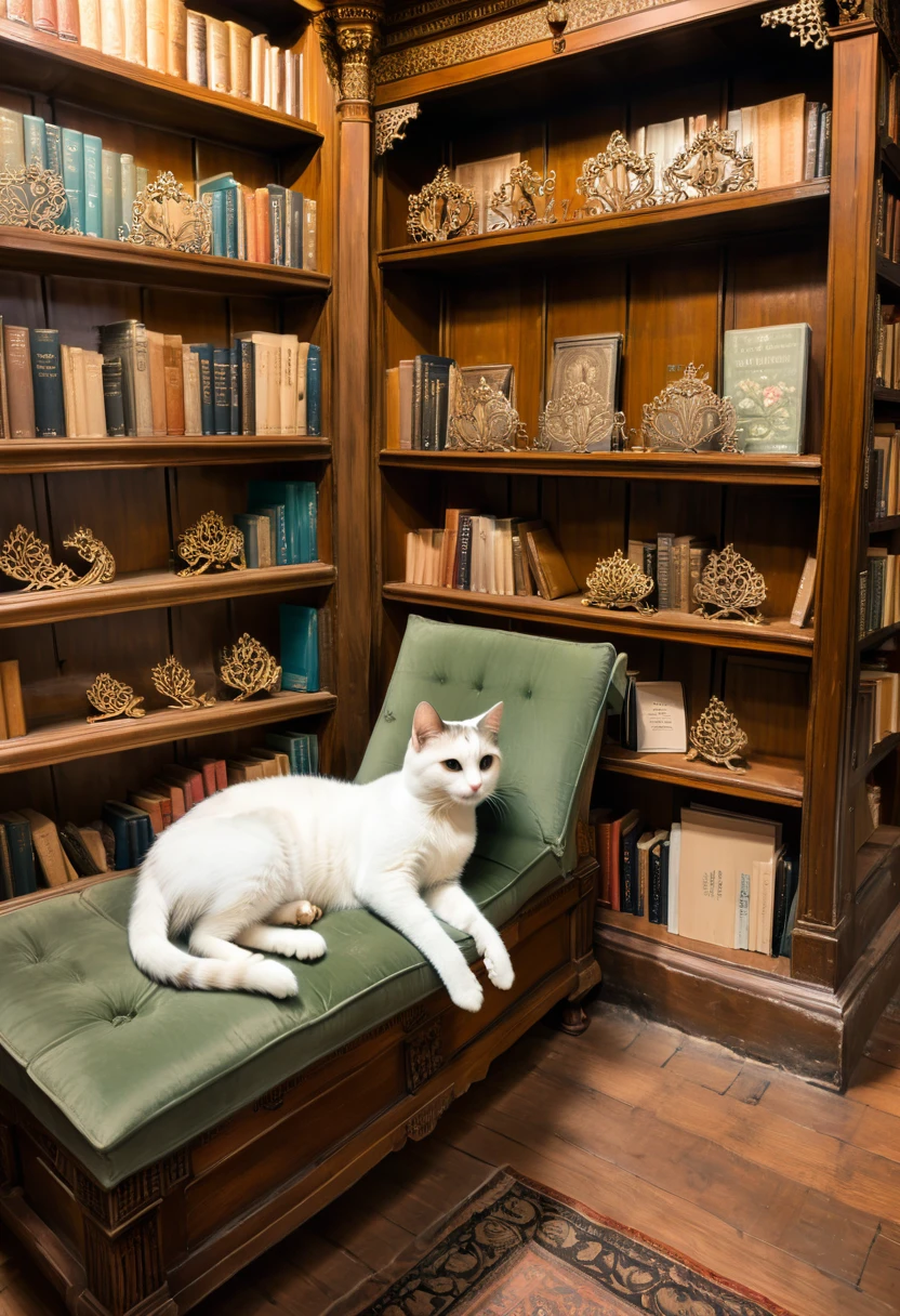 Meeting in an antique bookstore, in the corner of an ancient bookstore filled with books, a flower cat lazily lies on the girl's lap. She gently combs its hair, surrounded by the faint fragrance of wooden bookshelves. Time seems to be still, (masterpiece, best quality, Professional, perfect composition, very aesthetic, absurdres, ultra-detailed, intricate details:1.3)