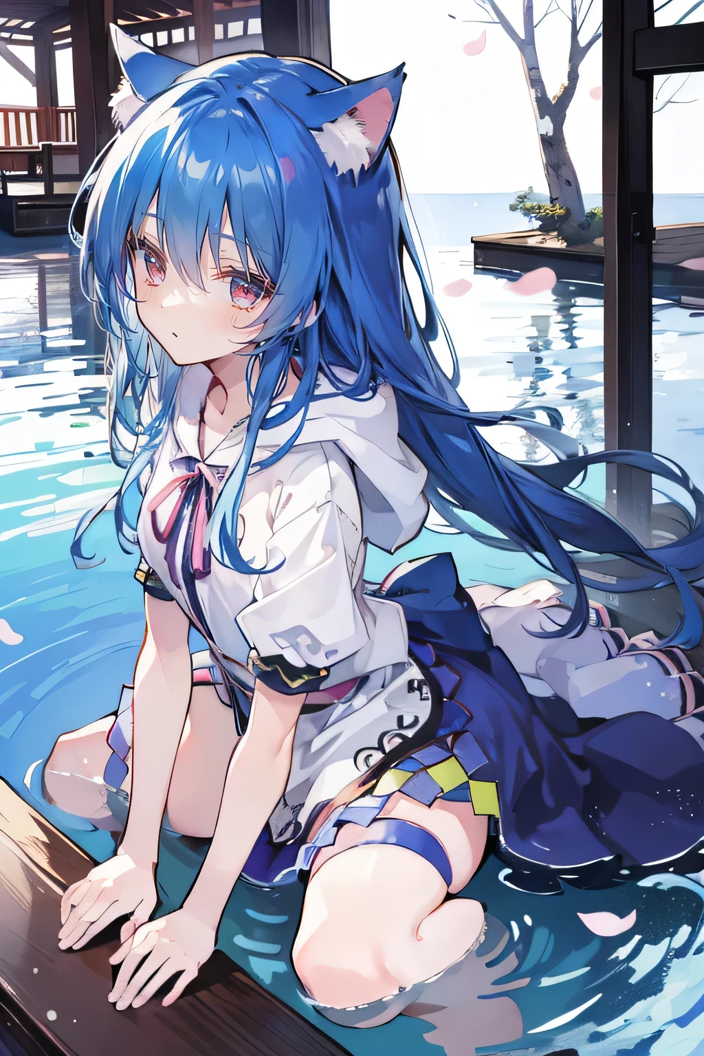 (masterpiece:1.2),Super detailed,lifelike,Expressive eyes,fair skin,perfect face shape,1 girl,
Japanese comics,Gorgeous blue hair,flowing blue hair,flowing clothes,Cat ears,Petals fall,beautiful lola,Baby Angel,
Shaking head with one hand,Cross your legs,Gentle and peaceful background,The pavilion is cool and comfortable,smile, wearing hoodie, background of tokyo,back views,snowing, winter,lie on the water.