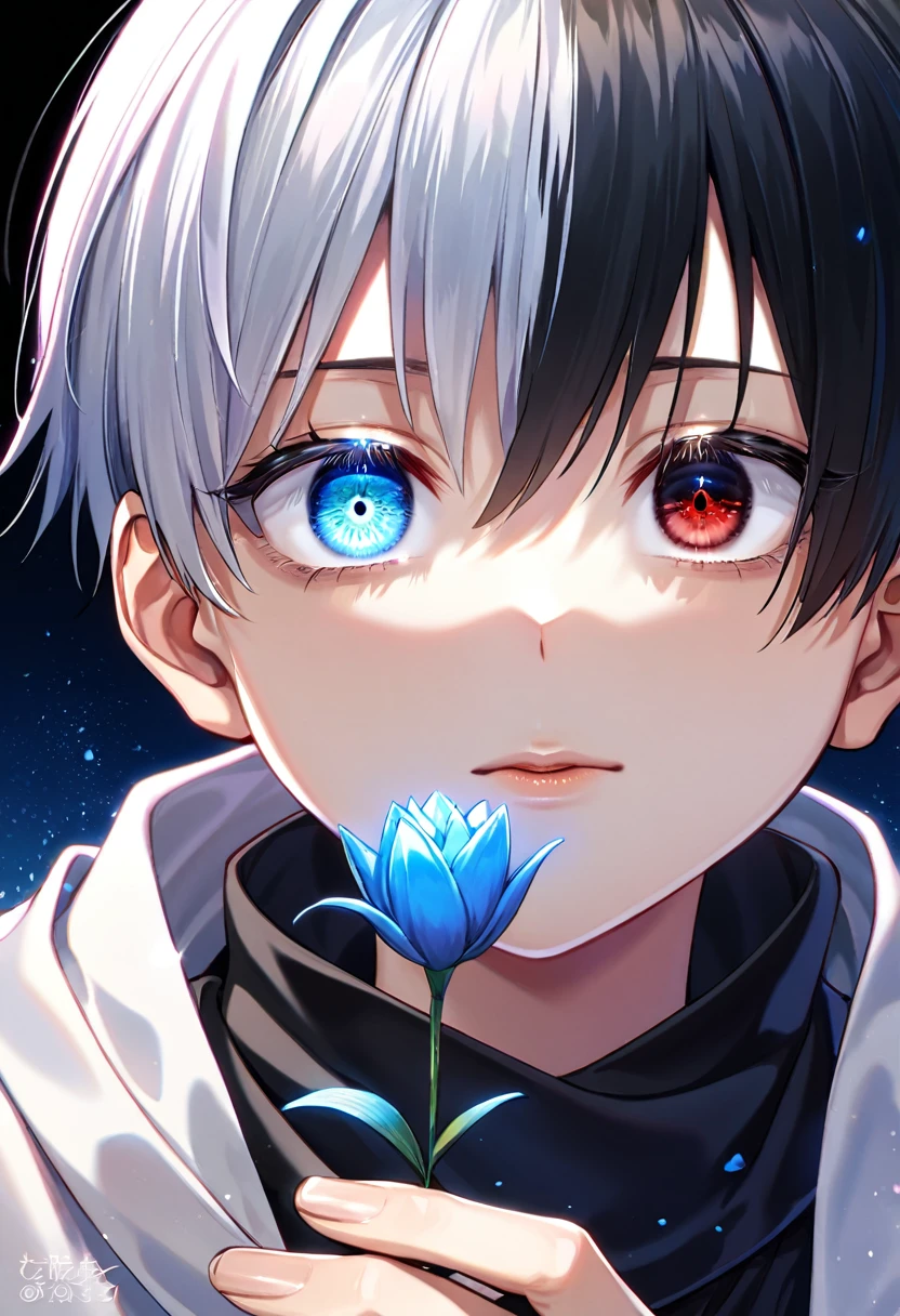 absurdres, highres, ultra detailed, HDR, master piece, best quality, extremely detailed face and eyes, Gojo Satoru, short hair with bangs, hair between the eyes, he has two different hair colour, bicolored hair, right half black hair, left half white hair, heterochromia, right eye red, left eye blue, white eyelashes, Jujutsu Kaisen, solo, little boy, cute, black scarf, white haori, black kimono, blue petals, blue lilies, blue moon, blue fireflies