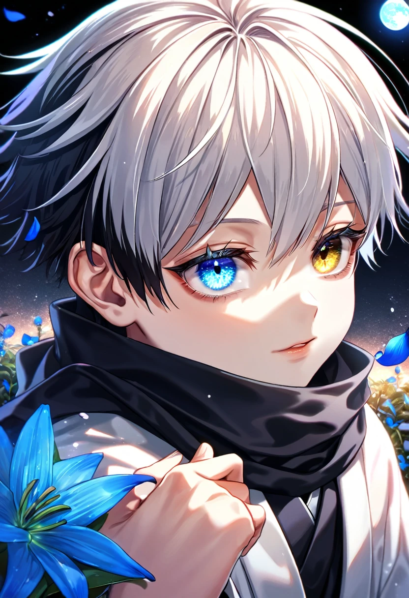 absurdres, highres, ultra detailed, HDR, master piece, best quality, extremely detailed face and eyes, Gojo Satoru, short hair with bangs, hair between the eyes, he has two different hair colour, bicolored hair, right half black hair, left half white hair, heterochromia, right eye red, left eye blue, white eyelashes, Jujutsu Kaisen, solo, little boy, cute, black scarf, white haori, black kimono, blue petals, blue lilies, blue moon, blue fireflies