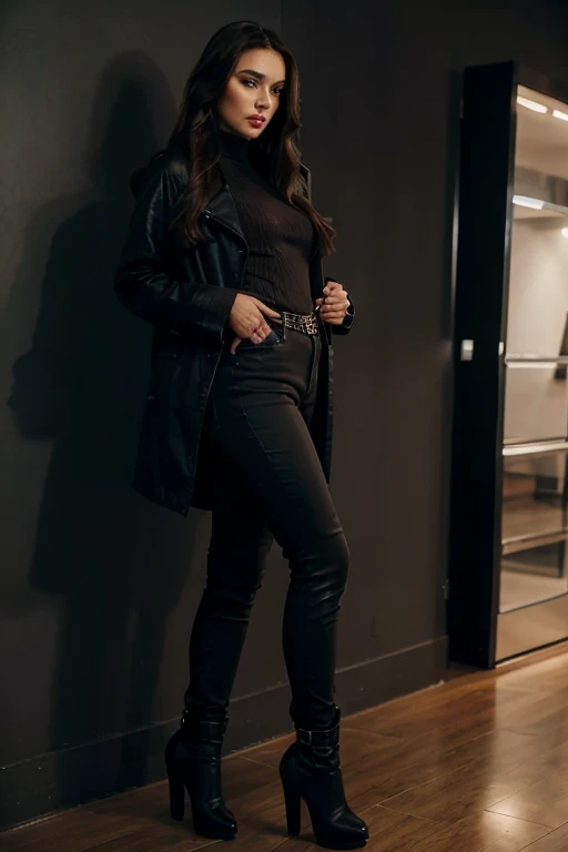 Woman in her 38s, long brown hair, brown eyes, full body view, destination black jeans, black jacket in gothic style, wearing high-heeled boots and makeup in the same style