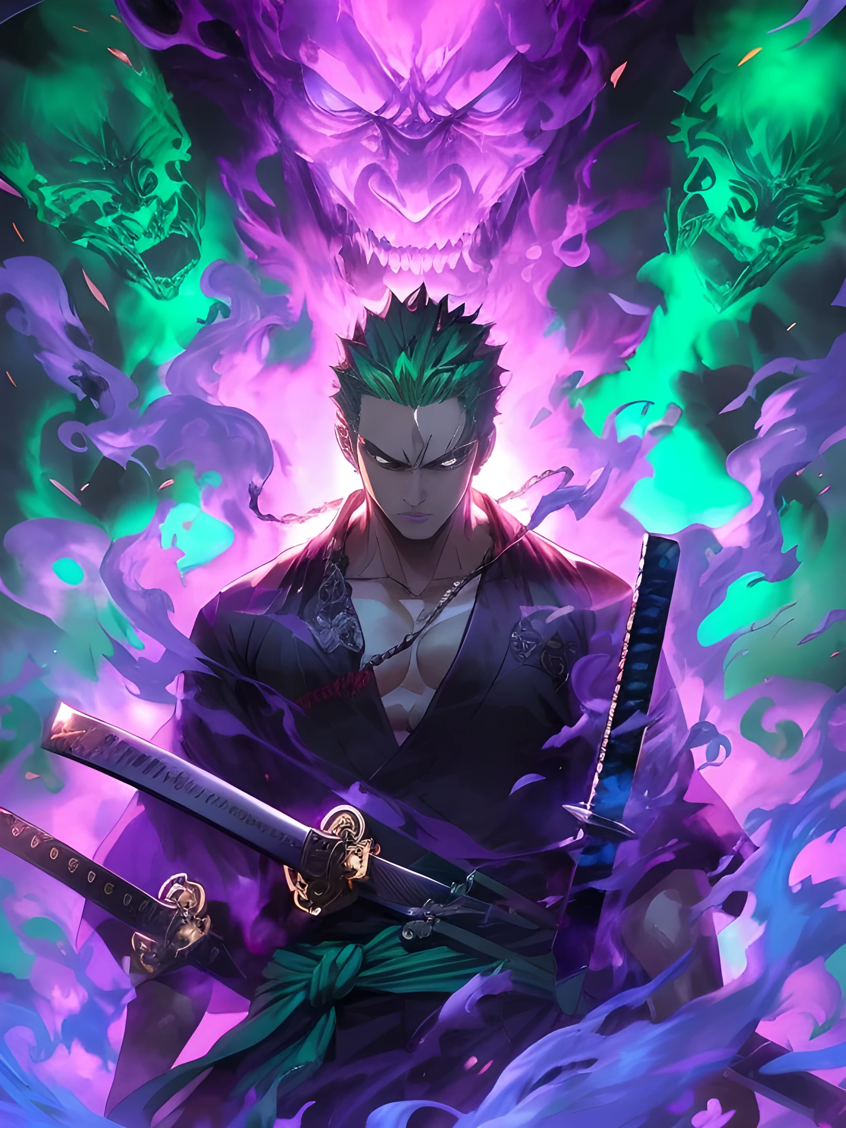 a close up of a person holding two swords in front of a demon, badass anime 8 k, roronoa zoro, handsome guy in demon slayer art, anime wallpaper 4k, anime wallpaper 4 k, 4 k manga wallpaper, anime art wallpaper 4k, anime art wallpaper 4 k, 4k anime wallpaper, anime epic artwork, anime style 4 k