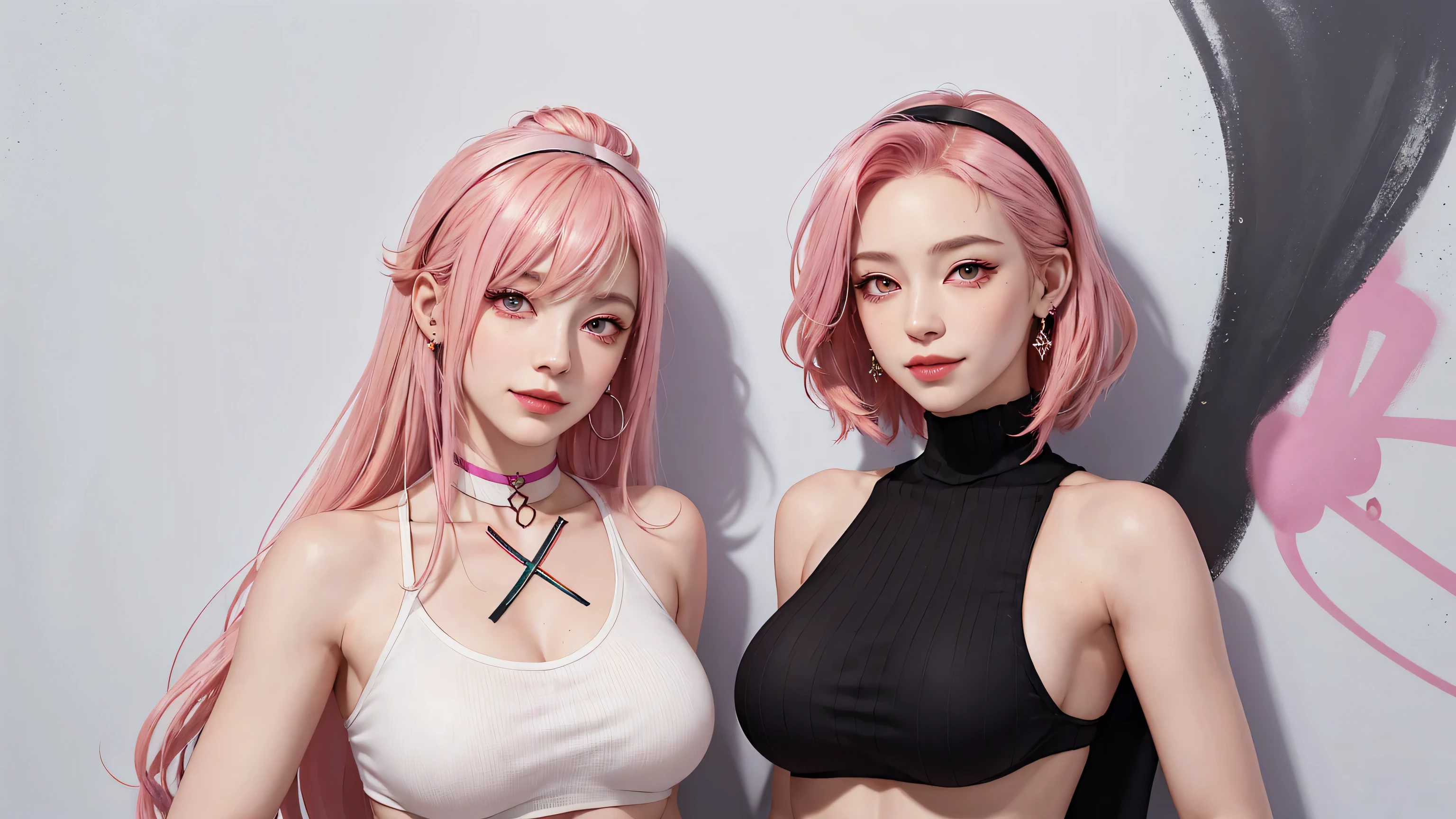 (Masterpiece, best quality, 1 girl, alone, complicated details, Chromatic aberration), realistic, ((Moderate breath)),long hair, pink hair, Red headpiece, Pink Highlights, hair on one eye,purple eyes, earring, sharp eyes, choker, Neon coat, She wears a collar, bangle, and kimono style garters., crop top, (symmetrical eyes),(Perfect symmetrical body),against the wall, Brick wall, (colorful graffiti words on the wall:1.2), The light is dim., alley ,Look at the viewer.、Dig the chest、smile、(sleeveless、Navel touch、Fitted turtleneck.)、street string hot pants、Thin bottom、Please build above the eaves..、Thin shoulders、in underwear、