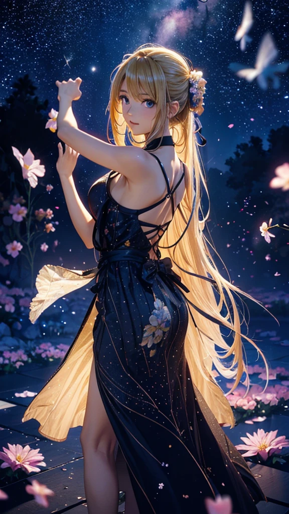1people々々々々々々々々,Blonde long-haired woman,Dress Silhouette,Diva,Dancing silhouette,dance, Rear View,Starry Sky,milky way,Space Sky, Flower Field,Colorful flowers,Fluttering petals,