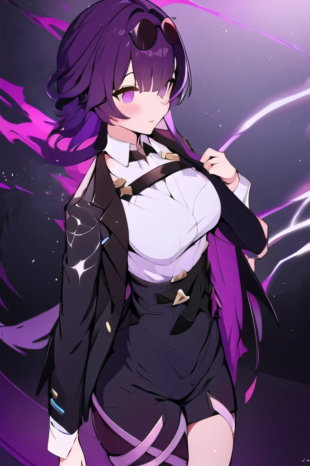 ((best quality)), ((masterpiece)), (detailed), perfect face, Kafka from honkai star rail, Kafka in a suit, business suit, black jacket, black pants, white shirt, purple lightning patterned tie, arched back, d cup breasts, perfect body, purple hair, purple eyes