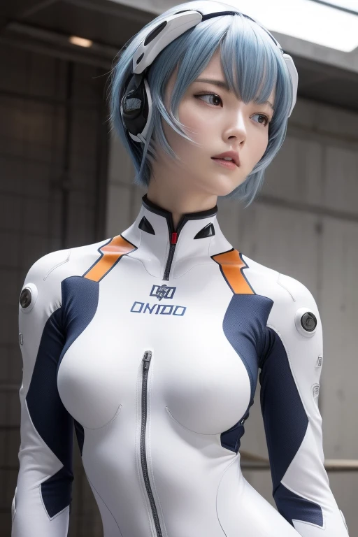 (masterpiece:1.2), highest quality, (Beautiful details:1.4), Highly detailed photos, Natural light, 
In the middle ground is a hangar., Large hangars, Mountains in the distance, 
Rei Ayanami, One Girl, 
Navy Blue Hair, Smooth Hair, Thin Hair, short hair, (Red Eyes:1.2), 
Don't leave or right々headgear of, White headpod, Headset Interface, 
Bodysuits, A plug suit that completely covers the body, A simple and soft plug suit, 白いBodysuits,
Small breasts, small breasts, 