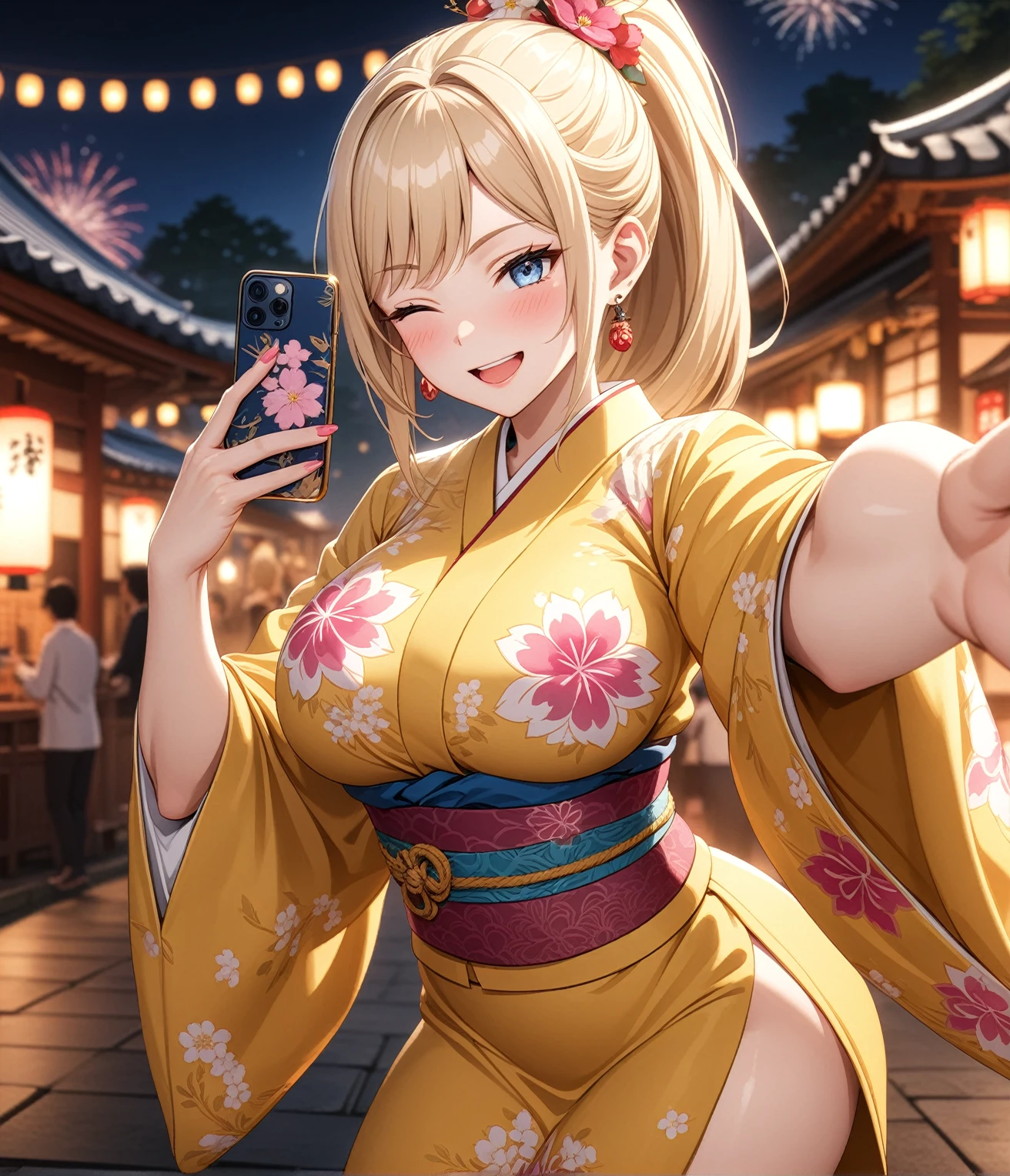 ((One woman)), Beautiful Face,Laughing embarrassedly,((Wink:2.0)),Blushing,Glossy pink lips,night,Shrine Festivals,firework, ((Anime style background)),masterpiece, highest quality, so beautiful, up to date, Complex details, (Pink long nails),AI-generated, Complex,High resolution, highest quality, super high quality,3D Images、View the viewers、3D Images,one person,Long Blonde Hair,High Ponytail,blue eyes,Anime woman posing for a photo, [[Fine grain、Colorful eyes、Shining Eyes:1.15]],(Squint your eyes:1.1),a hyperRealistic , hyperRealistic , Realistic,Blonde anime woman with long hair, Smooth anime CG art, A woman in a colorful kimono with gold embroidery, Yellow kimono,Flower pattern kimono,Long flower hair ornament,Earrings,(Large Breasts:1.2),Mature Body,tall,Big Ass,Fine details,Trained abdominal muscles,Holding a smartphone and taking a selfie