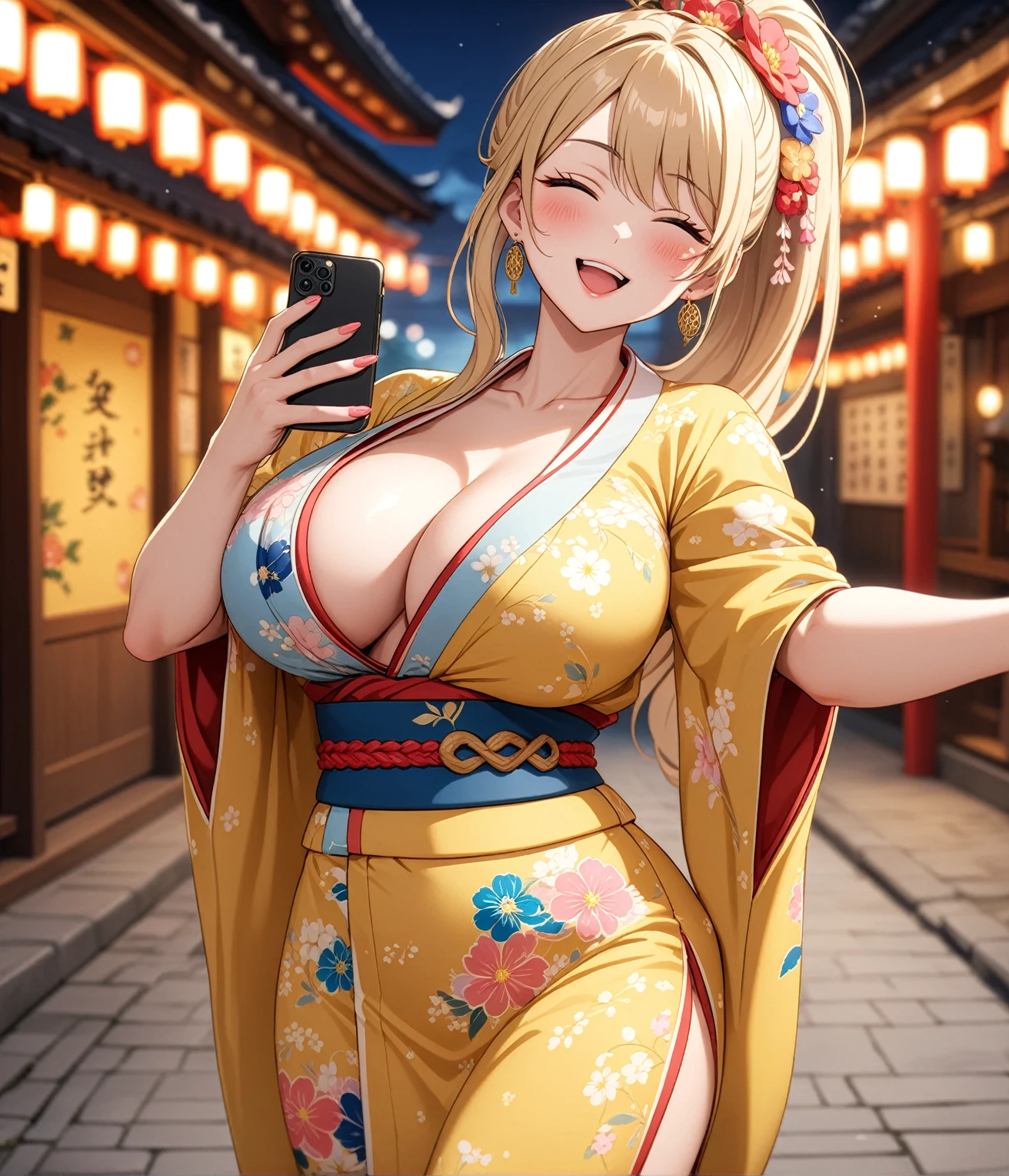 ((One woman)), Beautiful Face,Laughing embarrassedly,((Wink:2.0)),Blushing,Glossy pink lips,night,Shrine Festivals,firework, ((Anime style background)),masterpiece, highest quality, so beautiful, up to date, Complex details, (Pink long nails),AI-generated, Complex,High resolution, highest quality, super high quality,3D Images、View the viewers、3D Images,one person,Long Blonde Hair,High Ponytail,blue eyes,Anime woman posing for a photo, [[Fine grain、Colorful eyes、Shining Eyes:1.15]],(Squint your eyes:1.1),a hyperRealistic , hyperRealistic , Realistic,Blonde anime woman with long hair, Smooth anime CG art, A woman in a colorful kimono with gold embroidery, Yellow kimono,Flower pattern kimono,Long flower hair ornament,Earrings,(Large Breasts:1.2),Mature Body,tall,Big Ass,Fine details,Trained abdominal muscles,Holding a smartphone and taking a selfie