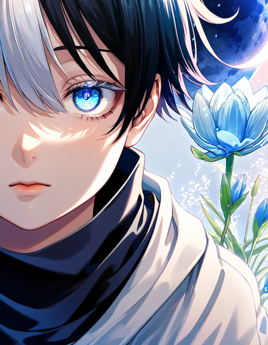 absurdres, highres, ultra detailed, HDR, master piece, best quality, extremely detailed face and eyes, Gojo Satoru, short hair with bangs, hair between the eyes, he has two different hair colour, bicolored hair, right half black hair, left half white hair, heterochromia, right eye red, left eye blue, white eyelashes, Jujutsu Kaisen, solo, little boy, cute, black scarf, white haori, black kimono, blue petals, blue lilies, blue moon, blue fireflies