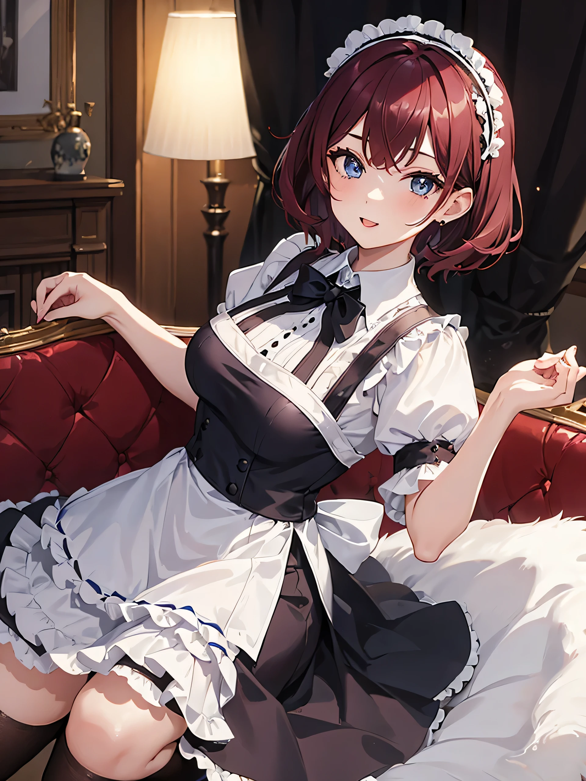 young woman, burgundy wavy short hair, blue eyes, french maid uniform, busty