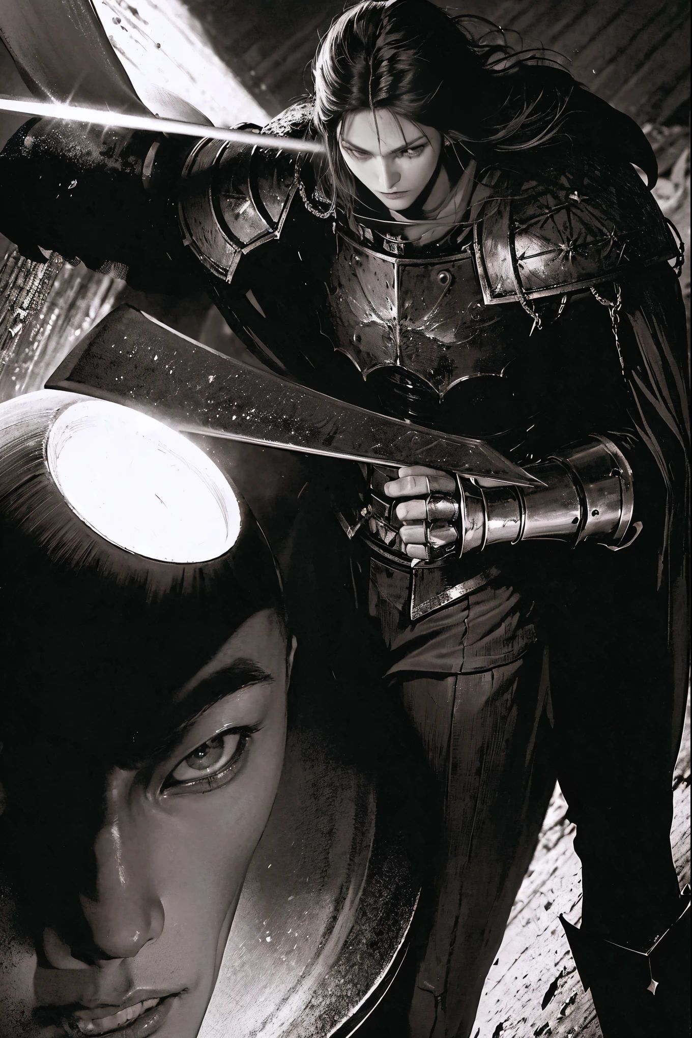 highres,[manga style,anime style],knight dark figure,sword,moonlight,heavy armor,intense eyes,contrasting shadows,sharp details,dramatic pose,ethereal background,mystical atmosphere,vibrant colors,comic book aesthetics,expressive lines,action-packed scene,heroic silhouette,dynamic composition