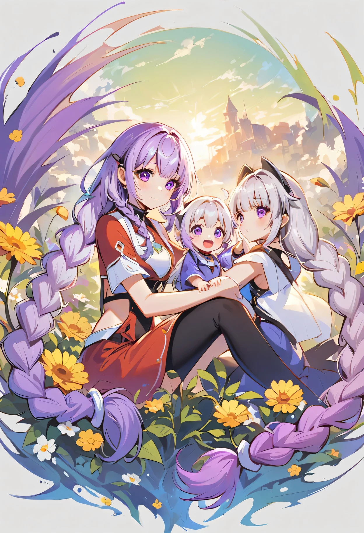 In the center of the flower, there sits a ! How small and loa girl is! yinji, purple hair, purple eyes, long hair, white hair, double braids, gradient hair, 