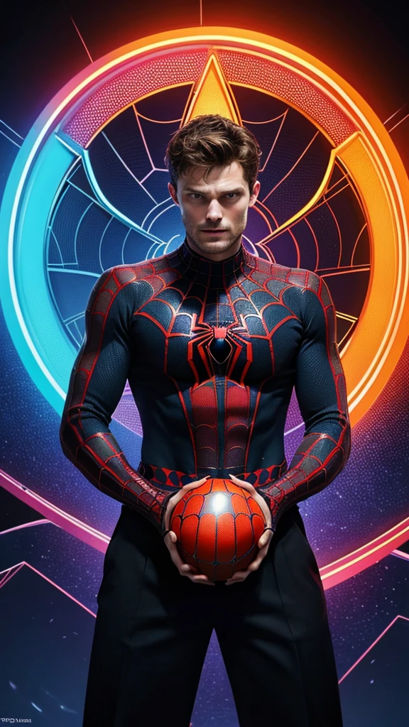 Jamie dornan as a Billionaire Peter Parker wears Spider-Armor из комиксов Marvel, Masterpiece, Best Quality, abstract, Psychedelic, Neon, (honeycomb pattern), (creative:1.3), Sy3, SMM, fantasy00d