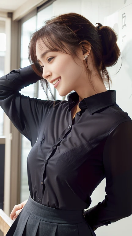 company employee、(Body turned to the side、Shooting from the side、Looking to the side,Shooting from the side:1.6),Not looking here、(General shirt、Wearing a white blouse、Wearing a typical business suit),(The gap in her blouse is slightly open,Only the fourth button is open、The button is closed、I can see my breasts through the gap in my shirt、The edge of her bra is visible through the gap in her shirt.:1.5),Mid-chest、slender、ponytail、Black Hair、Beauty、23 years old、cute、smile、(Long shirt:1.8),Tuck the shirt into the skirt、Cleavage、see-through bra、Short skirt、mini skirt、Fluffy skirt
