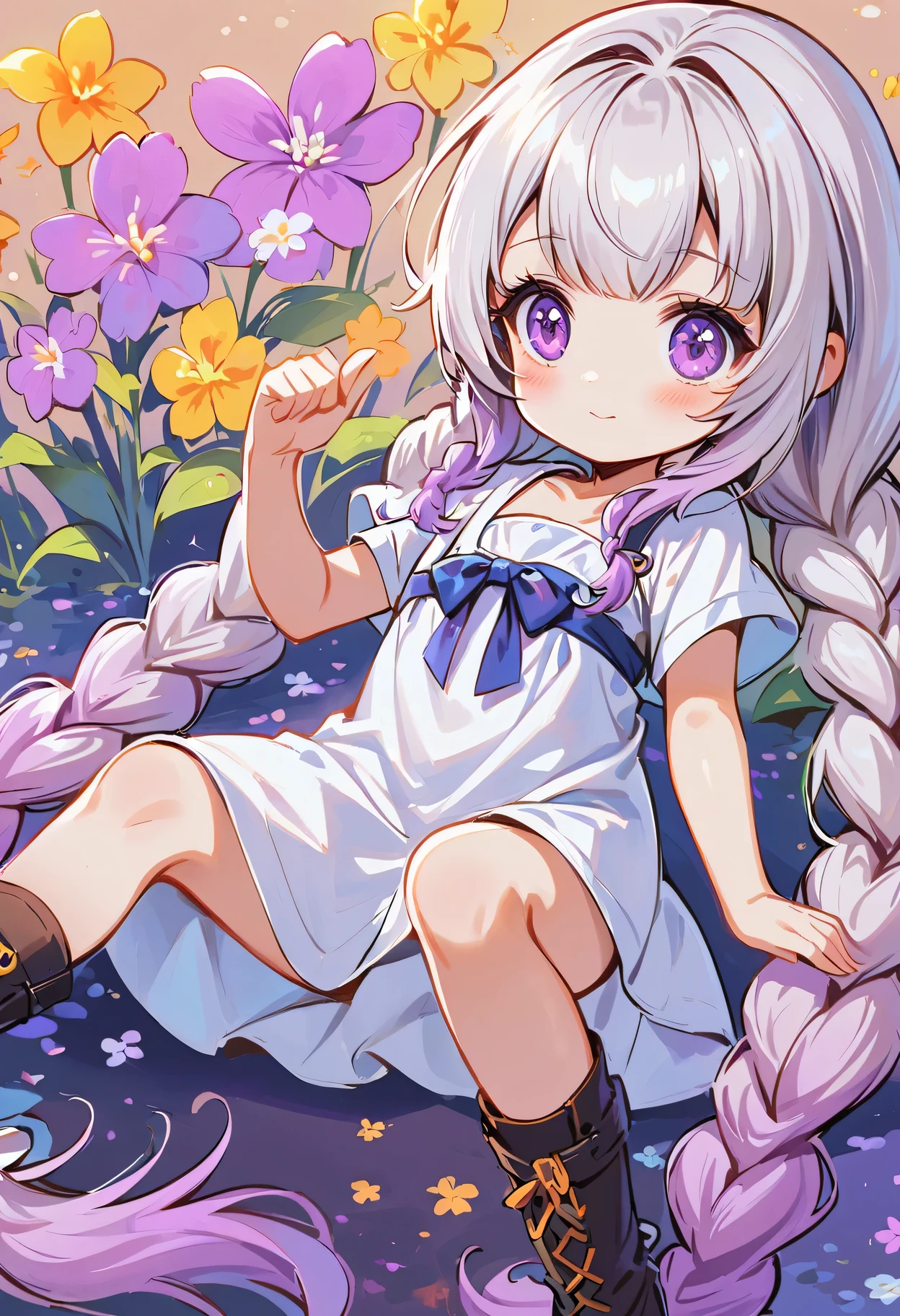 In the center of the flower, there sits a little child! How small and lovely a girl is! yinji, purple hair, purple eyes, long hair, white hair, double braids, gradient hair, 