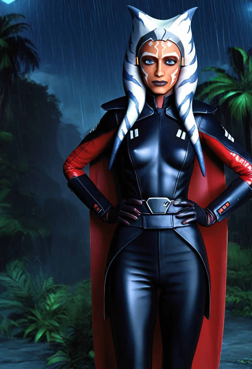 Ahsoka zPDXL, source_anime, BREAK Trilla, helmet with red visor, cape, armor,black gloves,tight bodysuit,black cape,black pants, BREAK close-up, solo, standing, front view, medium breasts, hands on hips, wide hips, BREAK x3dce, 3d, jungle background, dense vegetation, rain, night, night sky,
