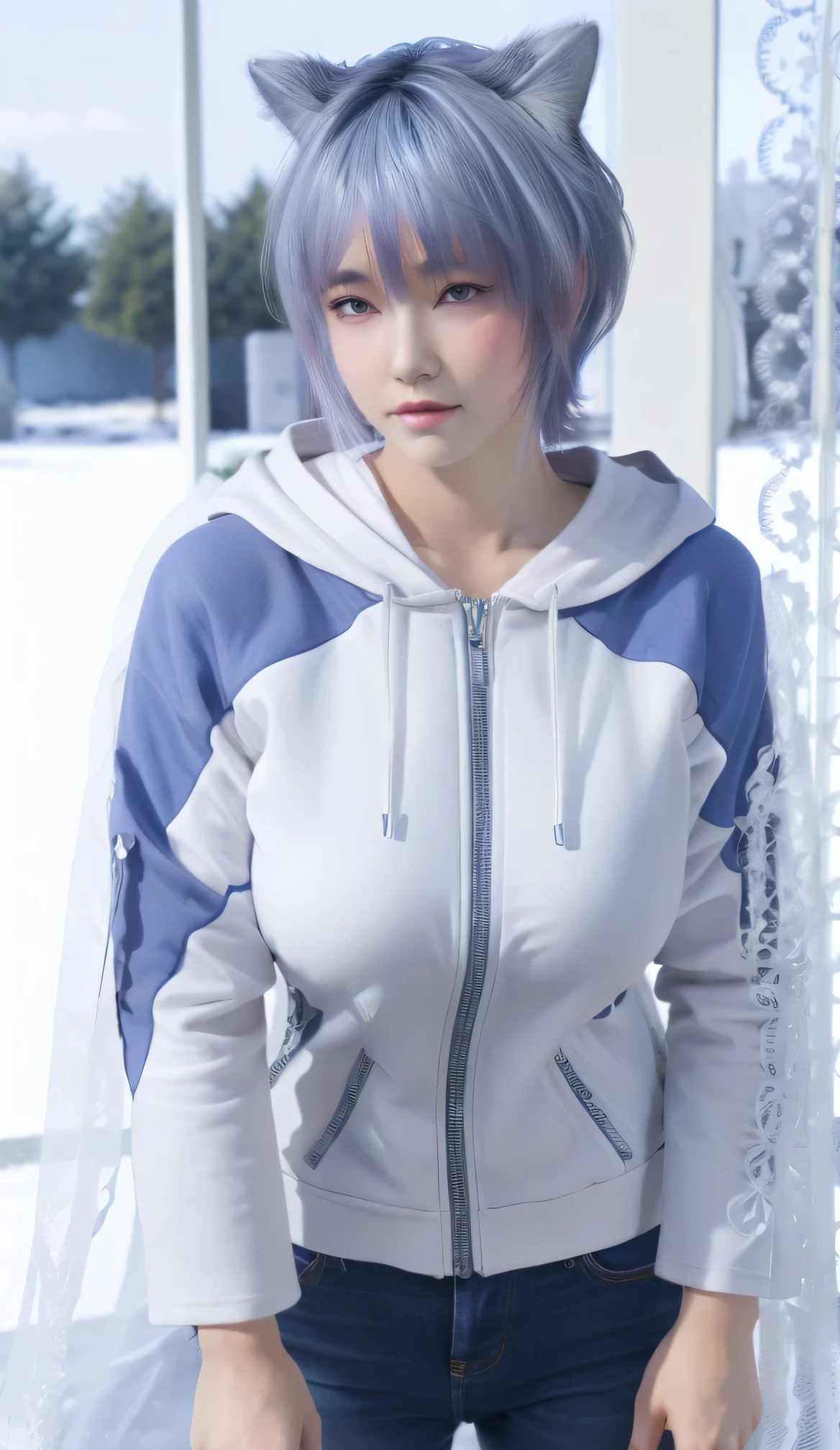Shizuku, fox ear, best quality,masterpiece,8k wallpaper,absurdres, highres, ultra detailed, (1 young beautiful girl, solo:1.1),realistic,large breasts,blue eyes,(white hair:1.3),short hair,winter coat,buruma,BREAK