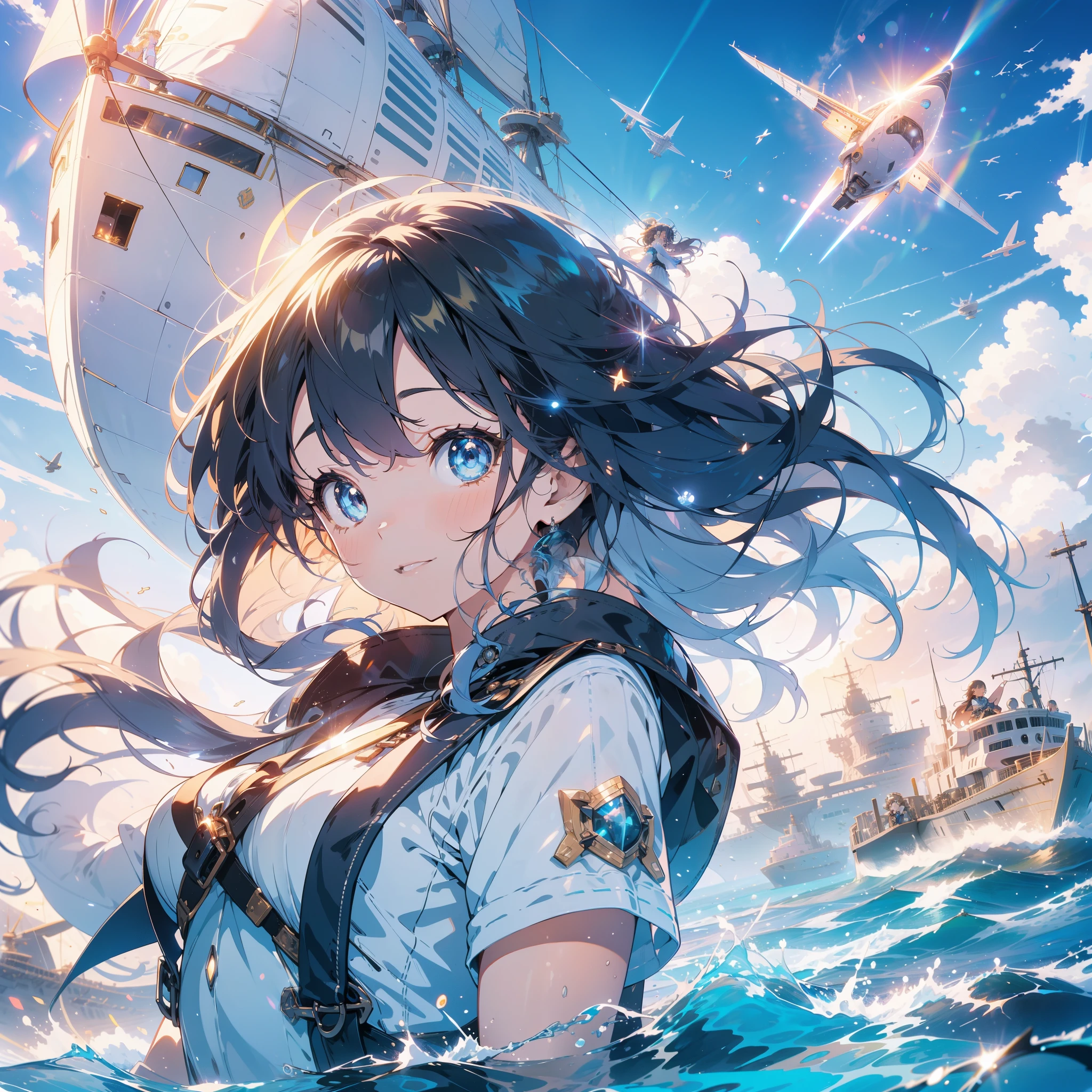 anime,depth of field, cinematic lighting, lens flare, f/1.2,(masterpiece:1.2),(high definition),summer、blue sky,(１People Girls)、(Behind her is an airship taking off from the sea.)、(Propeller-driven airship),Medieval fantasy worldview、Ultra-detailed、Girl facing the front