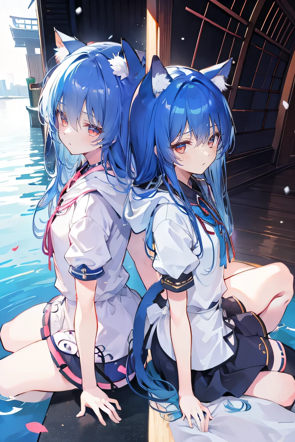 （masterpiece：1.2），Super detailed，lifelike，Expressive eyes，fair skin，perfect face shape，1 girl，
Japanese comics,Gorgeous blue hair,flowing blue hair,flowing clothes,Cat ears,Petals fall,beautiful lola,Baby Angel,
Shaking head with one hand，Cross your legs，Gentle and peaceful background，The pavilion is cool and comfortable,smile, wearing hoodie, background of tokyo,back views,snowing, winter,lie on the water. 