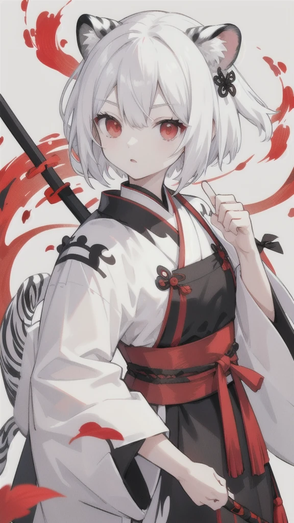 Short white hair,Red eyes,Black and white tiger pattern Hanfu armor,Black and white dagger