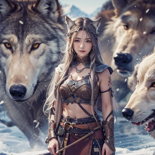 Lakeside surrounded by snowy mountains、Hair flow、 ((highest quality、masterpiece、8k、Best image quality、Ultra-high resolution、Award-winning works)、(Accurate anatomy:1.1)、(Look at me and smile:1.1)、Shining fair skin with Ultra-high resolution、The most detailed face、Ultra-high resolution detailed face、Ultra-high resolutionの髪の毛、(Ultra-high resolutionの煌めく瞳:1.1)、Beautiful face drawn in every detail、Ancient Viking clothing, Chest to chest, tattoo, A real wolf is by your side