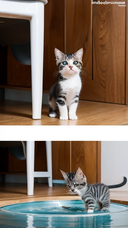 A cute kitten stands up and puts his mouth to the water bowl to drink water,