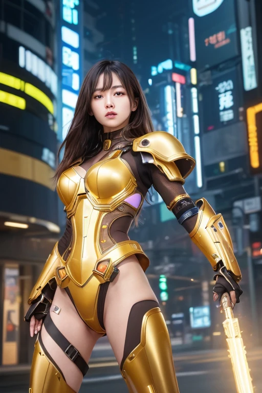 Digital Cyberpunk Art、highest quality、Ultra-high quality CG Unity 8K、Brown medium hair、One Japanese woman、Medium chest、Cyberpunk armor、Wears shiny metallic gold mechanical armor with yellow LED lights、desolate wasteland、(fighting stance)