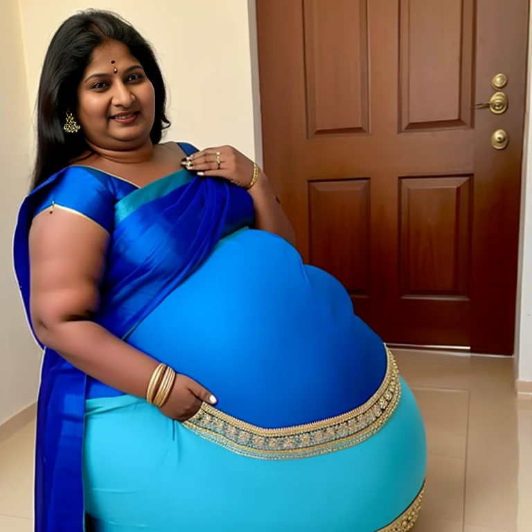Extremely Hyperpregnant Indian woman with huge belly wearing a dress