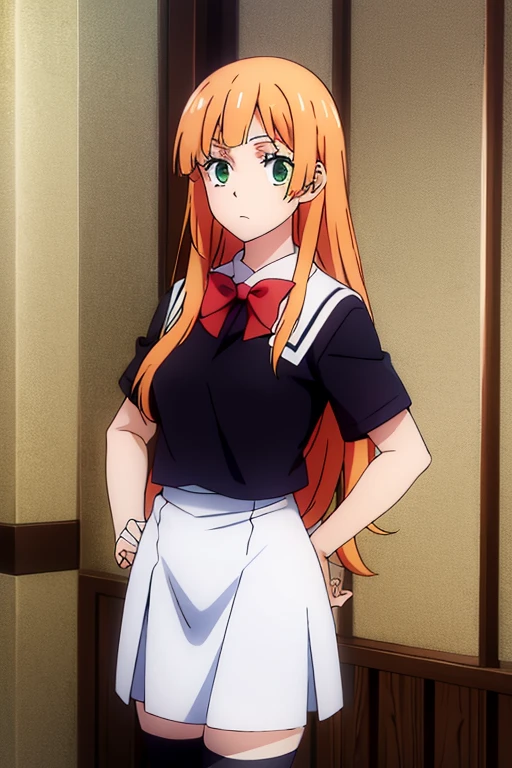 Long orange hair, green eyes, white uniform sailor dress, red bow, long black socks.