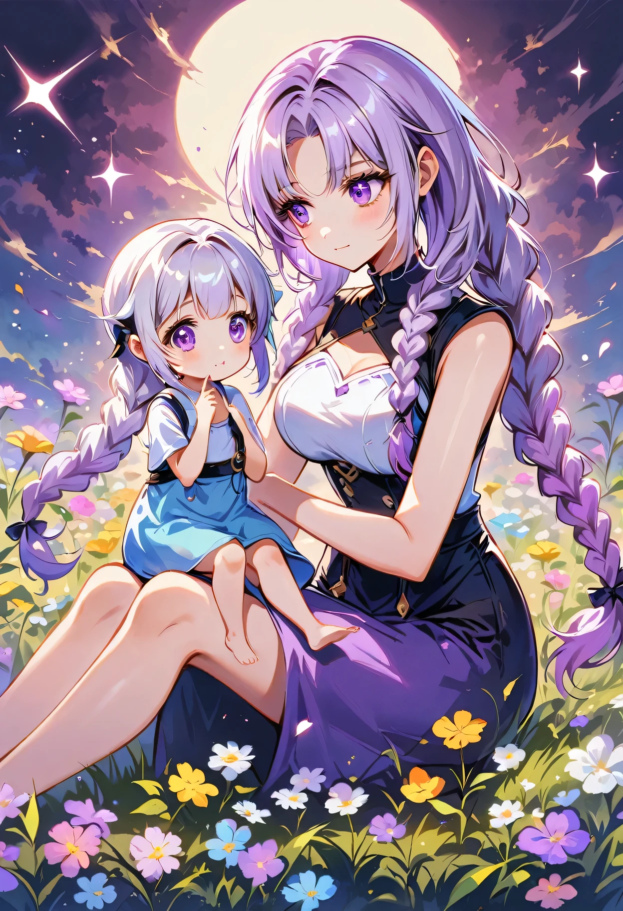 In the center of the flower, there sits a little child! looked at each other, How small and lovely a girl is! yinji, purple hair, purple eyes, long hair, white hair, double braids, gradient hair, 