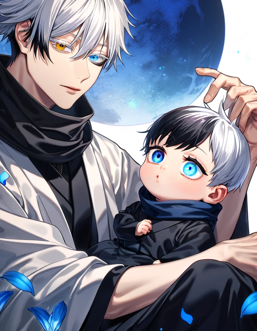 absurdres, highres, ultra detailed, HDR, master piece, best quality, extremely detailed face and eyes, Gojo Satoru, short hair with bangs, hair between the eyes, he has two different hair colour, bicolored hair, right half black hair, left half white hair, heterochromia, right eye red, left eye blue, white eyelashes, Jujutsu Kaisen, solo, baby boy, cute, black scarf, white haori, black kimono, blue petals, blue lilies, blue moon, blue fireflies, sitting