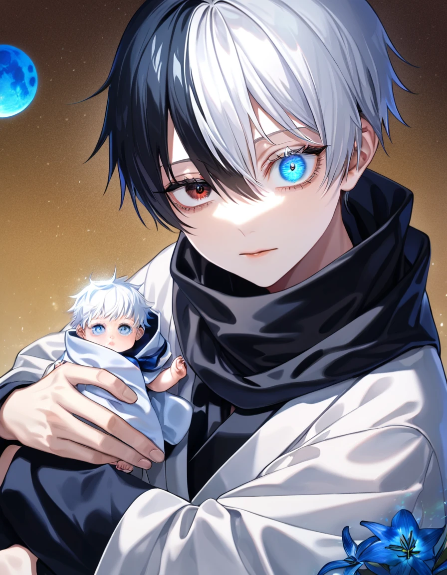 absurdres, highres, ultra detailed, HDR, master piece, best quality, extremely detailed face and eyes, Gojo Satoru, short hair with bangs, hair between the eyes, he has two different hair colour, bicolored hair, right half black hair, left half white hair, heterochromia, right eye red, left eye blue, white eyelashes, Jujutsu Kaisen, solo, baby boy, cute, black scarf, white haori, black kimono, blue petals, blue lilies, blue moon, blue fireflies, sitting