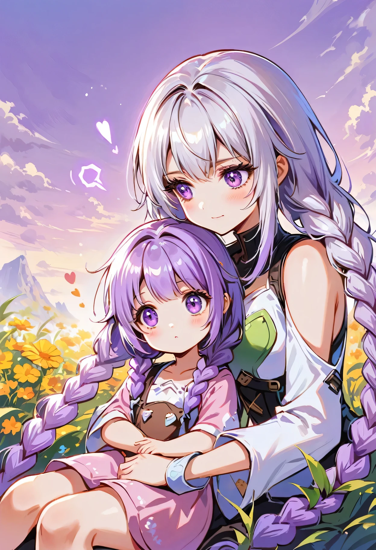 In the center of the flower, there sits a little child! looked at each other, How small and lovely a girl is! yinji, purple hair, purple eyes, long hair, white hair, double braids, gradient hair,