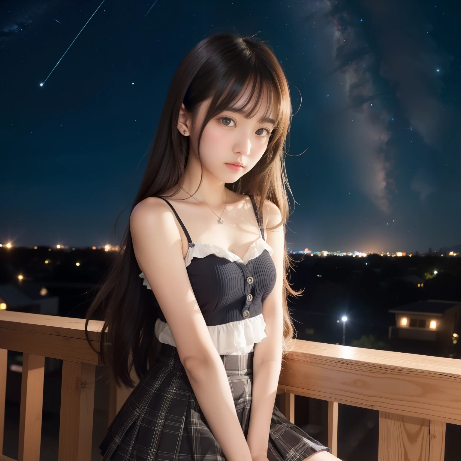 Beautiful images、universe、Fantasy、Shooting start or swarm、 Girl、black eye、Hair length、Starry Sky、Japanese、high school girl、camisole、Fluttering mini skirt、