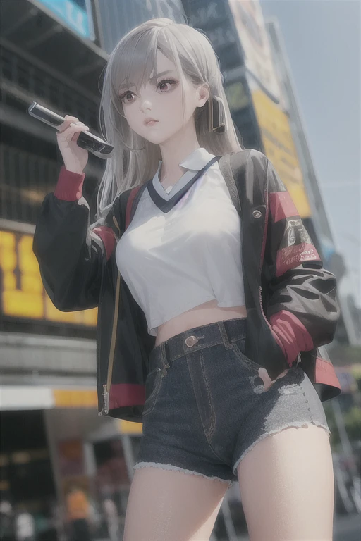 (best quality, 8K, masterpiece :1.3), (realistic, photorealistic: 1.37), (1 woman), (Pretty woman in her 20s), (slim), (slim 복근 강조 :1.3), (Japanese), (loose short white shirt, Tight shorts that accentuate big buttocks), (random pose), (The bra shines through), (long hair, random hairstyle), (big bust :1.3), (outdoors), (very detailed face), (detailed eyes), (double eyelid), (many eyelashes), (long legs), (professional lighting), (photon mapping), (radio city), (looking directly at the viewer)