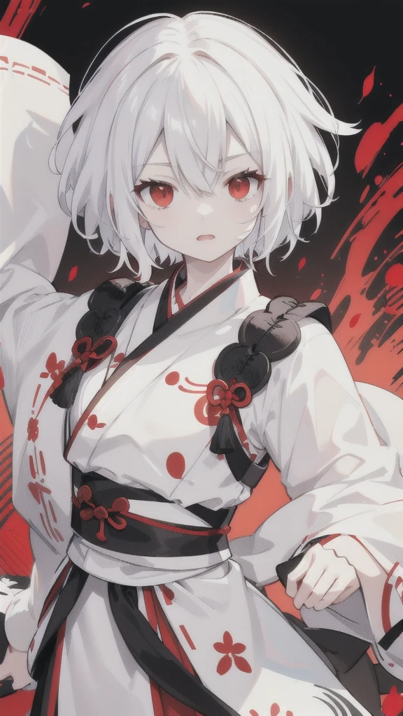 Short white hair，Red eyes，Black and white tiger pattern Hanfu armor，Black and white dagger