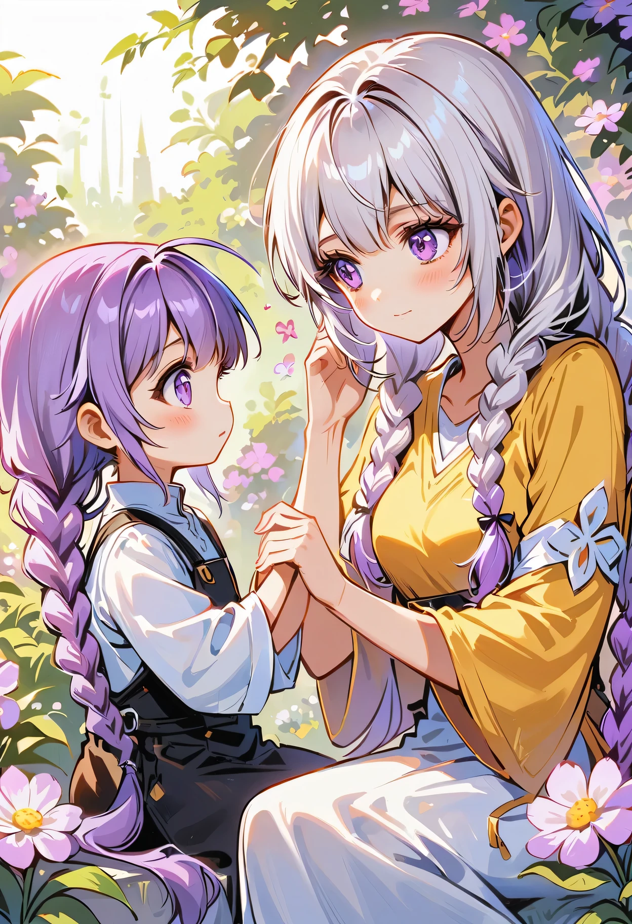 In the center of the flower, there sits a ! looked at each other, How small and lovely a girl is! yinji, purple hair, purple eyes, long hair, white hair, double braids, gradient hair,