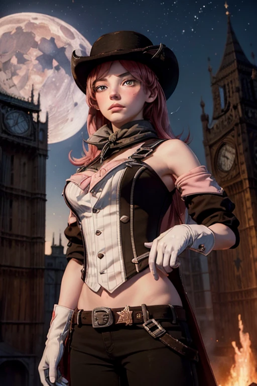 (masterpiece,stunning girlfriend, (standing:1.1), dynamic pose, heart shaped face, elegant face, beautiful face, highly detailed face, highly detailed skin, skin pores, subsurface scattering, realistic pupils, looking at viewer, full lips, detailed background, depth of field, atmospheric perspective, volumetric lighting, sharp focus, absurdres, realistic proportions, good anatomy, (realistic, hyperrealistic:1.4), 16k hdr, neopolitan, neopolitan, long hair, brown hair, (brown eyes:1.3), brown eyes, pink eyes, (heterochromia:1.2), ((two-tone hair, split-color hair, pink hair, brown hair, multicolored hair)), BREAK gloves, hat, navel, detached sleeves, midriff, belt, pants, white gloves, black headwear, bowler hat, fighting pose, BREAK standing inside old steam train, night, stars, moon, post-apocalypse, dystopian future, london in ruins, big ben, crowd, (crowd in military uniforms), bonfires, BREAK looking at viewer, (cowboy shot:1.5), BREAK (masterpiece:1.2), best quality, high resolution, unity 8k wallpaper, (illustration:0.8), (beautiful detailed eyes:1.6), extremely detailed face, perfect lighting, extremely detailed CG, (perfect hands, perfect anatomy)