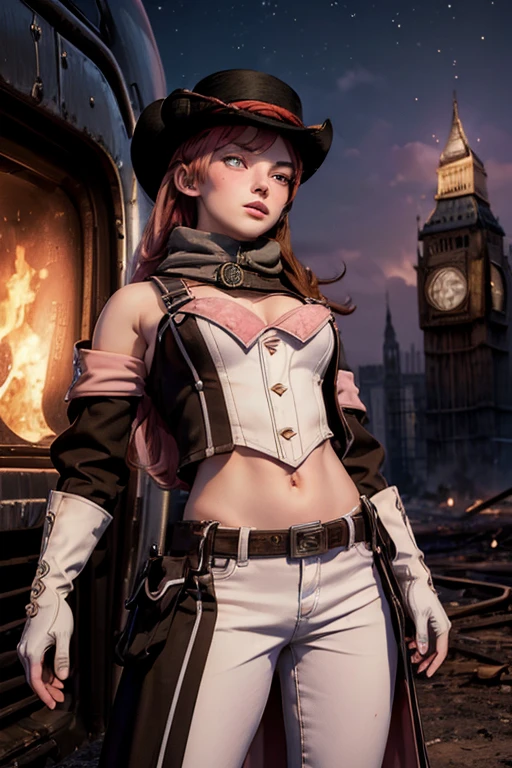 (masterpiece,stunning girlfriend, (standing:1.1), dynamic pose, heart shaped face, elegant face, beautiful face, highly detailed face, highly detailed skin, skin pores, subsurface scattering, realistic pupils, looking at viewer, full lips, detailed background, depth of field, atmospheric perspective, volumetric lighting, sharp focus, absurdres, realistic proportions, good anatomy, (realistic, hyperrealistic:1.4), 16k hdr, neopolitan, neopolitan, long hair, brown hair, (brown eyes:1.3), brown eyes, pink eyes, (heterochromia:1.2), ((two-tone hair, split-color hair, pink hair, brown hair, multicolored hair)), BREAK gloves, hat, navel, detached sleeves, midriff, belt, pants, white gloves, black headwear, bowler hat, fighting pose, BREAK standing inside old steam train, night, stars, moon, post-apocalypse, dystopian future, london in ruins, big ben, crowd, (crowd in military uniforms), bonfires, BREAK looking at viewer, (cowboy shot:1.5), BREAK (masterpiece:1.2), best quality, high resolution, unity 8k wallpaper, (illustration:0.8), (beautiful detailed eyes:1.6), extremely detailed face, perfect lighting, extremely detailed CG, (perfect hands, perfect anatomy)