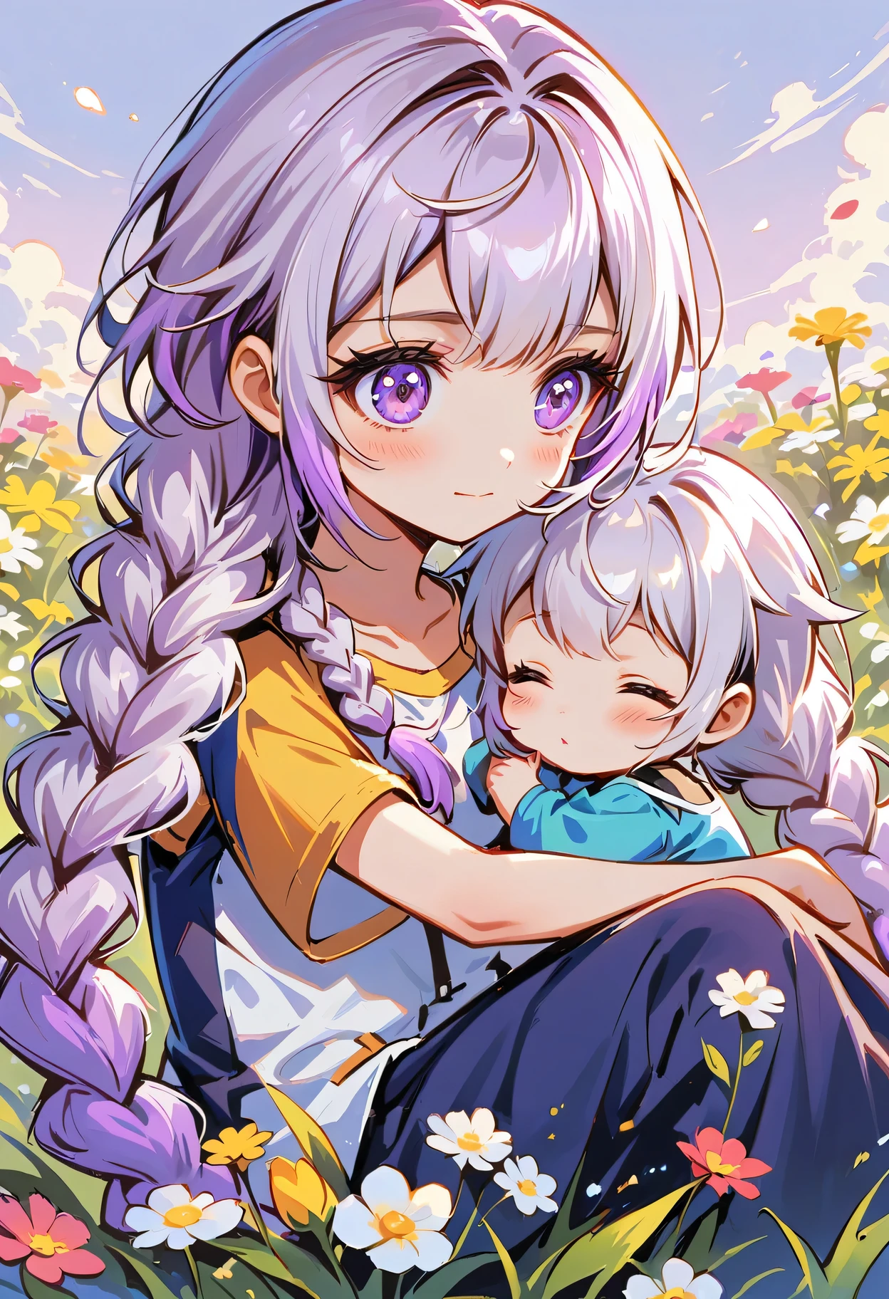 In the center of the flower, there sits a little child! looked at each other, How small and lovely a girl is! yinji, purple hair, purple eyes, long hair, white hair, double braids, gradient hair, 