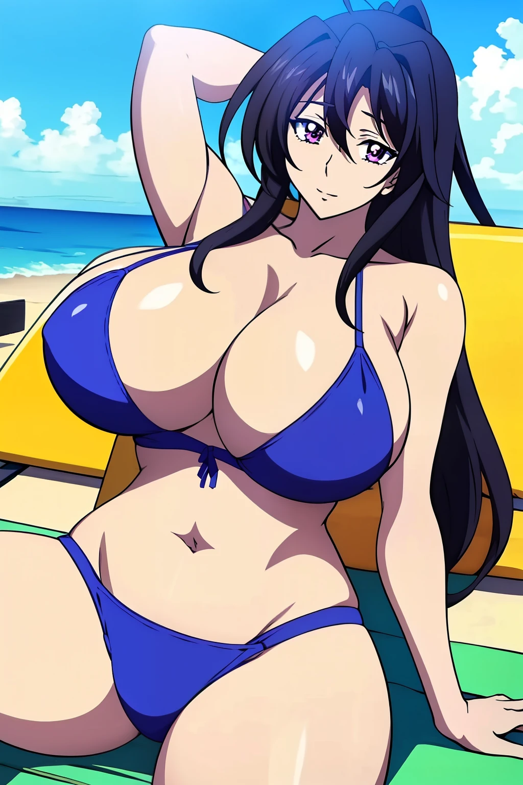 An anime-style artwork depicting akeno himejima from the anime from the anime High School DxD
Tags: akeno himejima from the anime High School DxD, , (micro bikini:1.1), (black hair:1.1), purple eyes, looking at viewer, long hair , anime, detailed eyes, detailed lips, ass, 1girl, solo, huge breasts, smiling expression, intense gaze, dynamic pose, outdoor, beach, (lying on sun lounger), vibrant colors, digital art, high-resolution, professional quality, gigantic breasts, cleavage), curvy, cowboy shot, (gigantic breasts: 1.4),