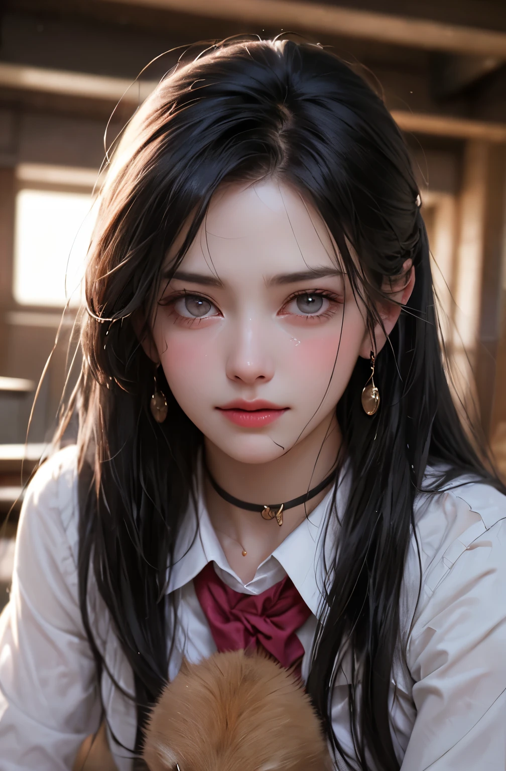 Black Hair, (Long Hair), Gray eyes, (Glowing Eyes), (White thighs: 1.2), Orgasm Face, lure, , Captivating look, Charm, Red noodles, shy, (Mediate), Poor play, Watching someone, ah、Hello face, comfortable,Big Breasts、 Sexual convulsions, White skin, red, Rose-colored face, Sweat, Wet body, color, alone, Falling to the ground and crying , Duck sitting, Frustration, loneliness, caress, Sexual pleasure, Enduring joy, Elk Off, Charming expression, (Detailed description of Falling to the ground and crying school uniform), (Duck sitting Detailed description front), Detailed description, bust (masterpiece), (close), (highest quality), Very detailed, Exquisite, beautiful, (close), (close), ( beautiful girl), (collar, collar), (Fine pink areola nails: , (Delicate depiction of skin), (voluminous skin: 1.4), Highest quality CG 8K wallpapers, Realistic, Master Level, masterpiece, Portraiture, center, Display Lens, Beautiful Chinese-Korean mixed race idols, (Very detailed depiction of the face and facial details), (Red noodles), Lip biting makeup, Cute smile, Perfect Face, red eyes, Blind Band + Hair above one eye, (Ruby Nail). Fat_ Mons, Camel Toe,